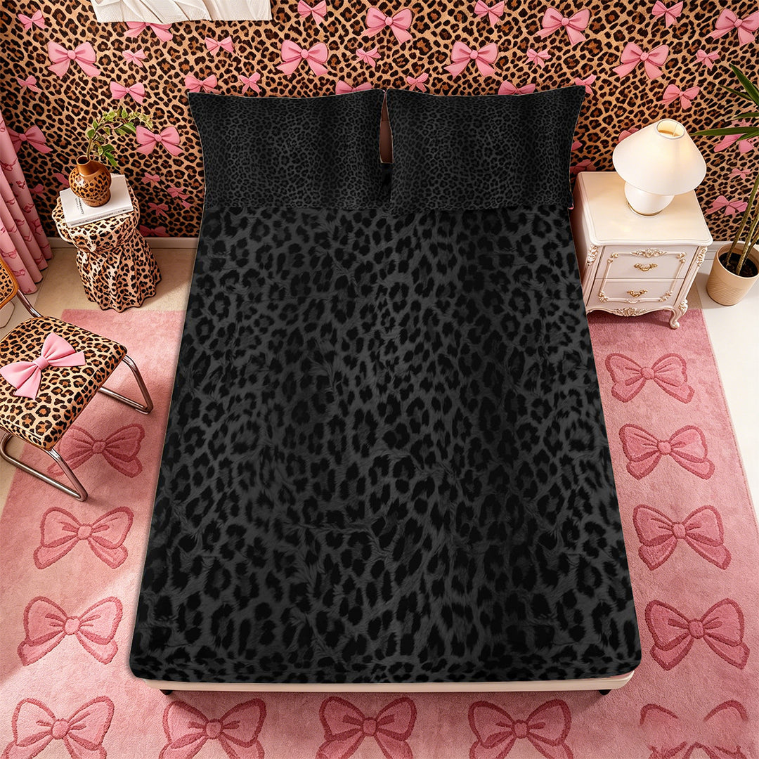 Meiyoeat Black Edgy Leopard Print King Sheets 4pcs, Animal Spot Pattern Bedding