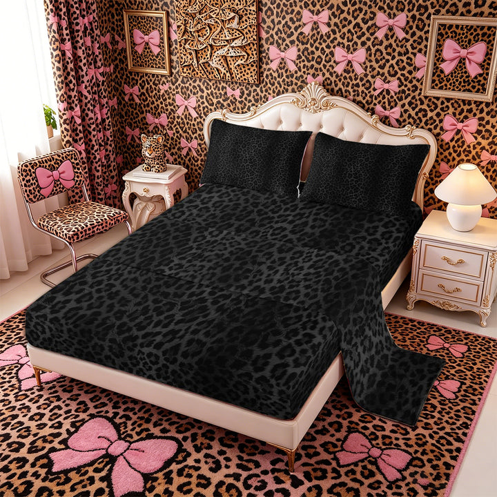 Meiyoeat Black Edgy Leopard Print King Sheets 4pcs, Animal Spot Pattern Bedding
