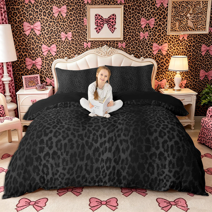 Meiyoeat Black Edgy Leopard Print Duvet Cover King, Animal Spot Pattern King Bedding,3 Pieces,No Comforter,Black Reversible