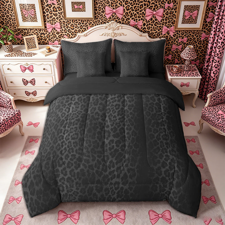 Meiyoeat Black Edgy Leopard Print King Bedding 7pcs, Animal Spot Pattern King Bed in a Bag,Black Reversible