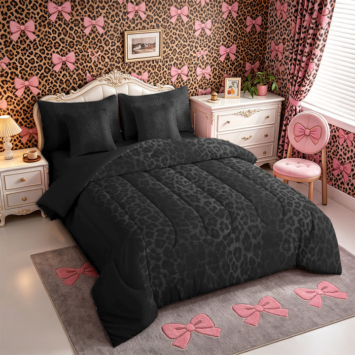 Meiyoeat Black Edgy Leopard Print King Bedding 7pcs, Animal Spot Pattern King Bed in a Bag,Black Reversible