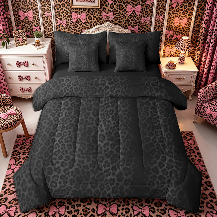 Meiyoeat Black Edgy Leopard Print King Bedding 7pcs, Animal Spot Pattern King Bed in a Bag,Black Reversible