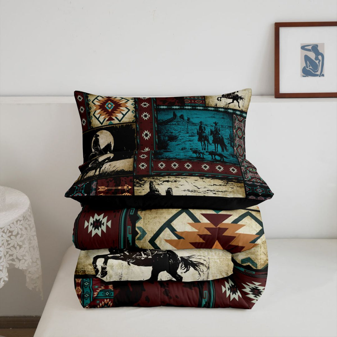 meiyoeat Western Cowboy Horse King Size Comforter Sets,Vintage Aztec Geometric Print Comforters King Size For Adult,Black Reversible,3pcs