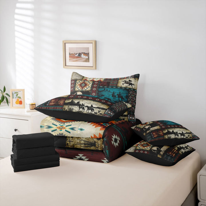 meiyoeat Western Cowboy Horse 7-Piece King Bedding,Vintage Aztec Geometric Print King Bed in a Bag For Adult,Black Reversible