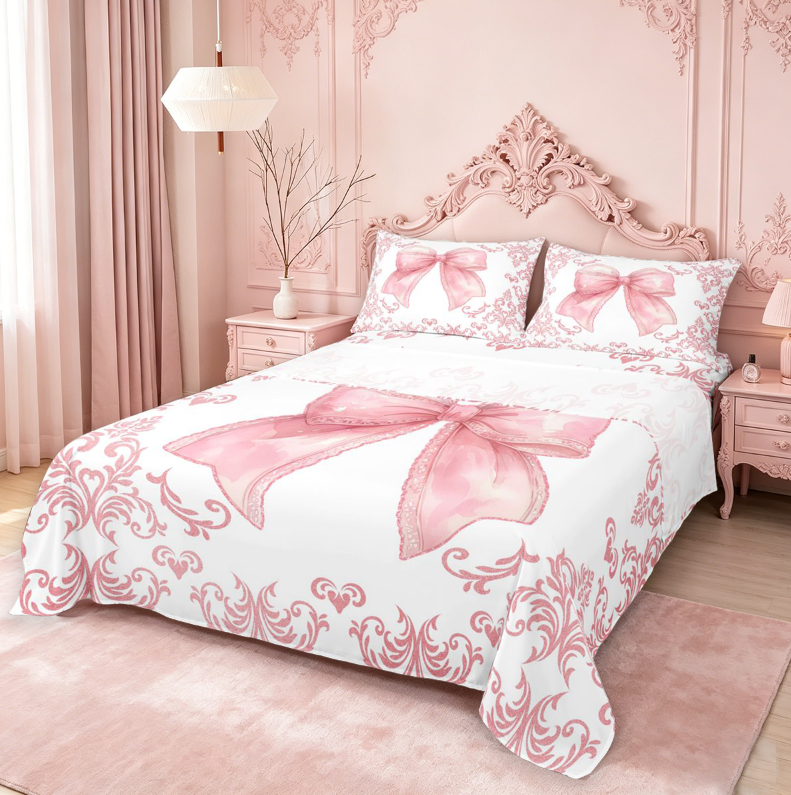 meiyoeat Pink Coquette Bow Bed Sheets For Kids,Retro Damask Baroque Floral Full Size Sheets For Girls, Pink White,4pcs