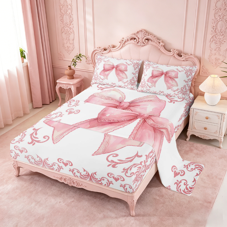 meiyoeat Pink Coquette Bow Bed Sheets For Kids,Retro Damask Baroque Floral Full Size Sheets For Girls, Pink White,4pcs