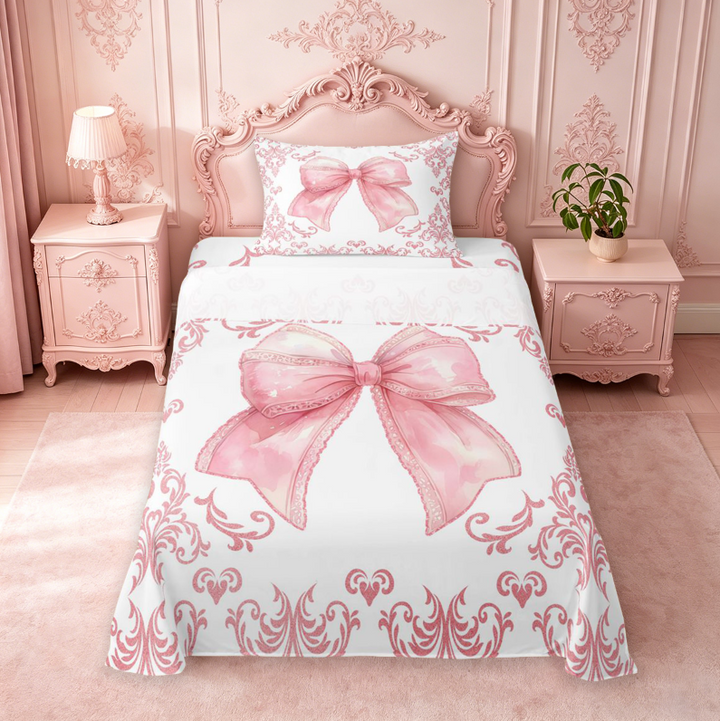 meiyoeat Pink Coquette Bow Bed Sheets For Kids,Retro Damask Baroque Floral Full Size Sheets For Girls, Pink White,4pcs