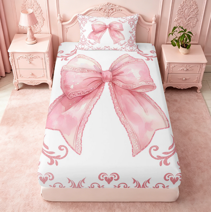 meiyoeat Pink Coquette Bow Bed Sheets For Kids,Retro Damask Baroque Floral Full Size Sheets For Girls, Pink White,4pcs