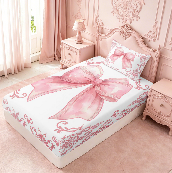 meiyoeat Pink Coquette Bow Bed Sheets For Kids,Retro Damask Baroque Floral Full Size Sheets For Girls, Pink White,4pcs