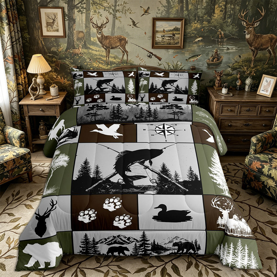 Meiyoeat Wildlife Mallard Duck Big Bass Fish Deer Bear King Size Comforter Sets 3pcs, Rustic Fishing and Hunting Comforters King Size, Brown Green Black,Black Reversible