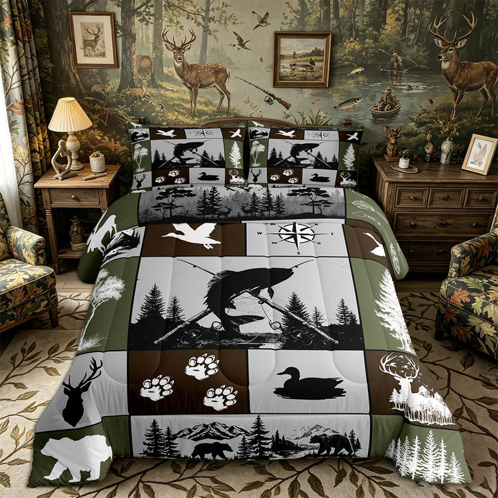 Meiyoeat Wildlife Mallard Duck Big Bass Fish Deer Bear King Size Comforter Sets 3pcs, Rustic Fishing and Hunting Comforters King Size, Brown Green Black,Black Reversible