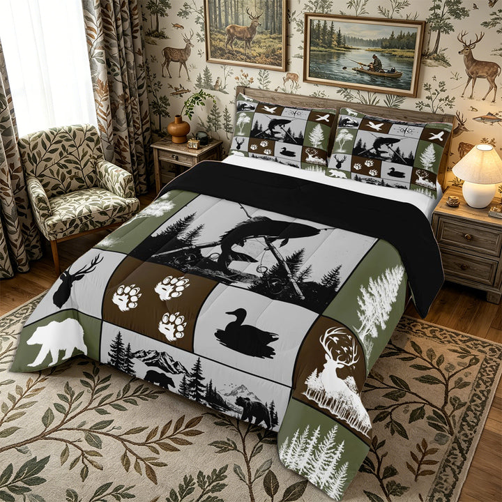 Meiyoeat Wildlife Mallard Duck Big Bass Fish Deer Bear King Size Comforter Sets 3pcs, Rustic Fishing and Hunting Comforters King Size, Brown Green Black,Black Reversible
