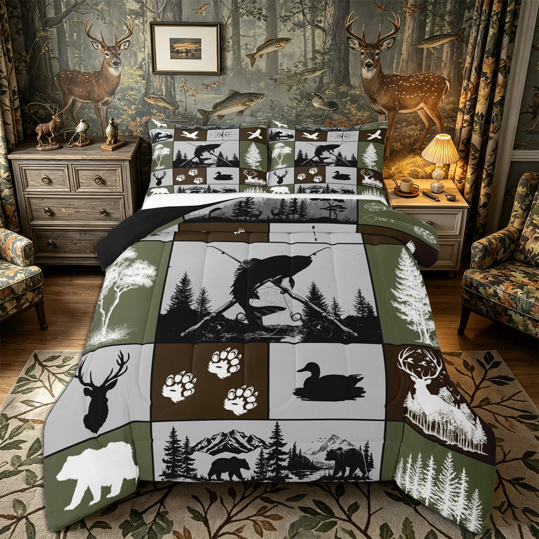 Meiyoeat Wildlife Mallard Duck Big Bass Fish Deer Bear King Size Comforter Sets 3pcs, Rustic Fishing and Hunting Comforters King Size, Brown Green Black,Black Reversible