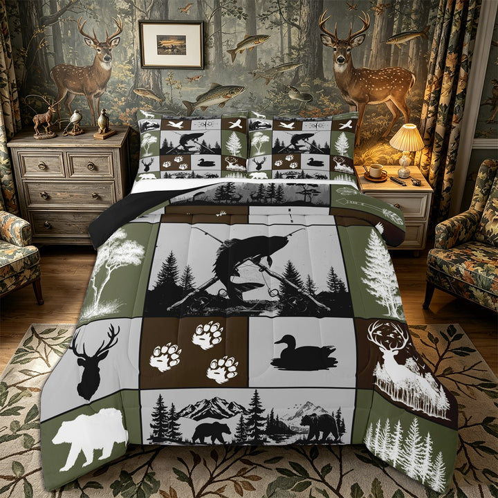 Meiyoeat Wildlife Mallard Duck Big Bass Fish Deer Bear King Size Comforter Sets 3pcs, Rustic Fishing and Hunting Comforters King Size, Brown Green Black,Black Reversible