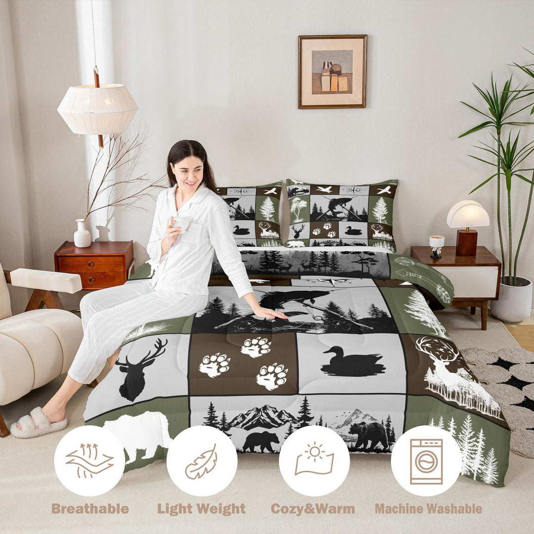Meiyoeat Wildlife Mallard Duck Big Bass Fish Deer Bear King Size Comforter Sets 3pcs, Rustic Fishing and Hunting Comforters King Size, Brown Green Black,Black Reversible