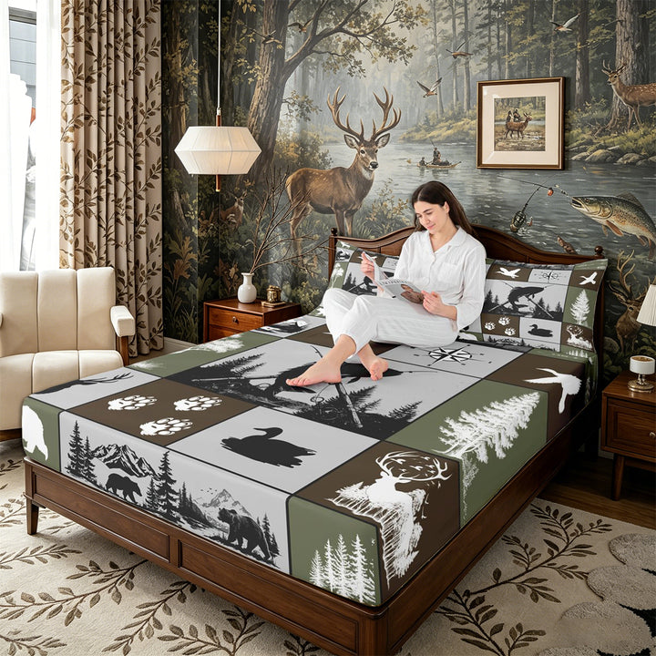 Meiyoeat Wildlife Mallard Duck Big Bass Fish Deer Bear King Sheets 4pcs, Rustic Fishing and Hunting Bedding, Brown Green Black