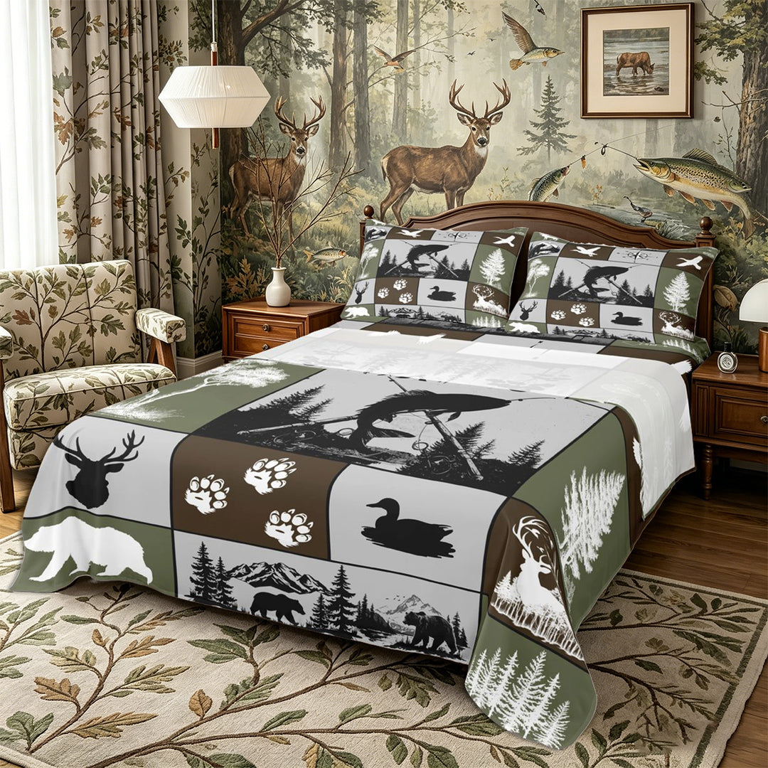 Meiyoeat Wildlife Mallard Duck Big Bass Fish Deer Bear King Sheets 4pcs, Rustic Fishing and Hunting Bedding, Brown Green Black