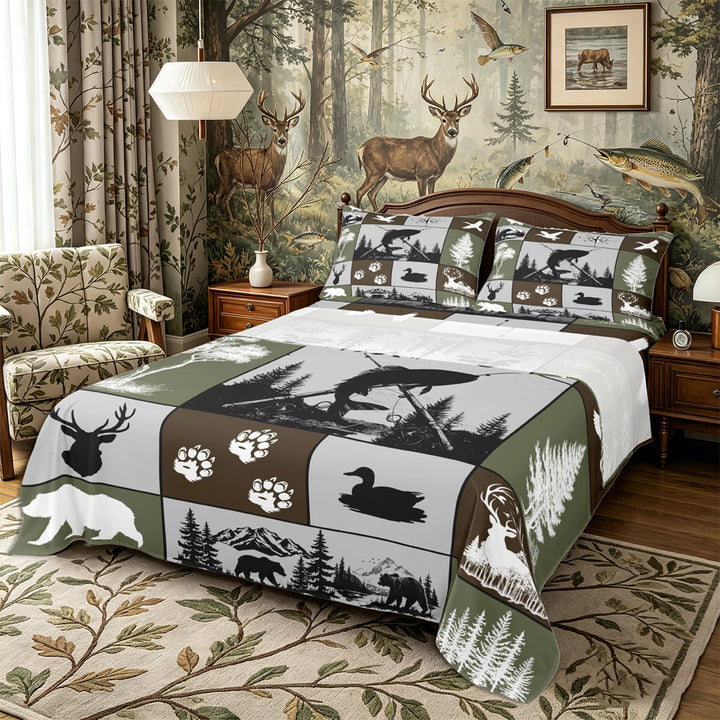 Meiyoeat Wildlife Mallard Duck Big Bass Fish Deer Bear King Sheets 4pcs, Rustic Fishing and Hunting Bedding, Brown Green Black