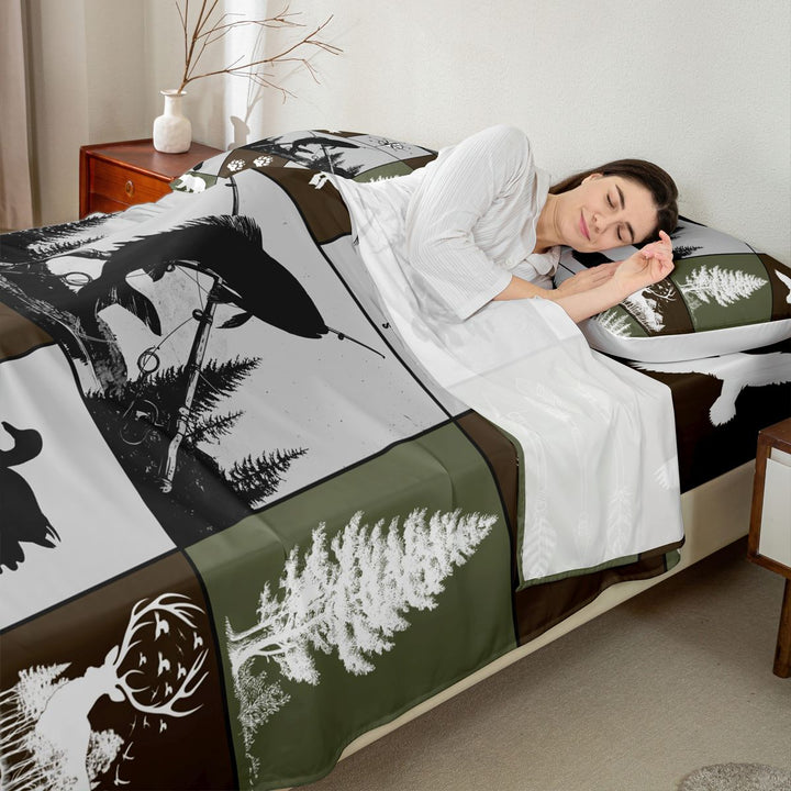 Meiyoeat Wildlife Mallard Duck Big Bass Fish Deer Bear King Sheets 4pcs, Rustic Fishing and Hunting Bedding, Brown Green Black