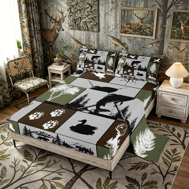 Meiyoeat Wildlife Mallard Duck Big Bass Fish Deer Bear King Sheets 4pcs, Rustic Fishing and Hunting Bedding, Brown Green Black