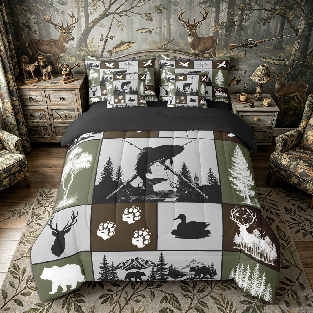 Meiyoeat Wildlife Mallard Duck Big Bass Fish Deer Bear King Bedding 7pcs, Rustic Fishing and Hunting King Bed in a Bag, Brown Green Black,Black Reversible