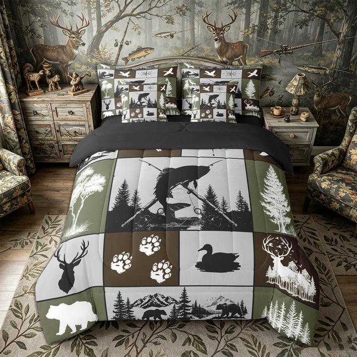 Meiyoeat Wildlife Mallard Duck Big Bass Fish Deer Bear King Bedding 7pcs, Rustic Fishing and Hunting King Bed in a Bag, Brown Green Black,Black Reversible