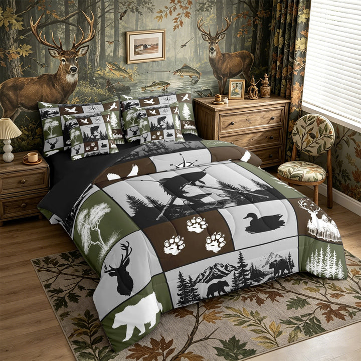 Meiyoeat Wildlife Mallard Duck Big Bass Fish Deer Bear King Bedding 7pcs, Rustic Fishing and Hunting King Bed in a Bag, Brown Green Black,Black Reversible