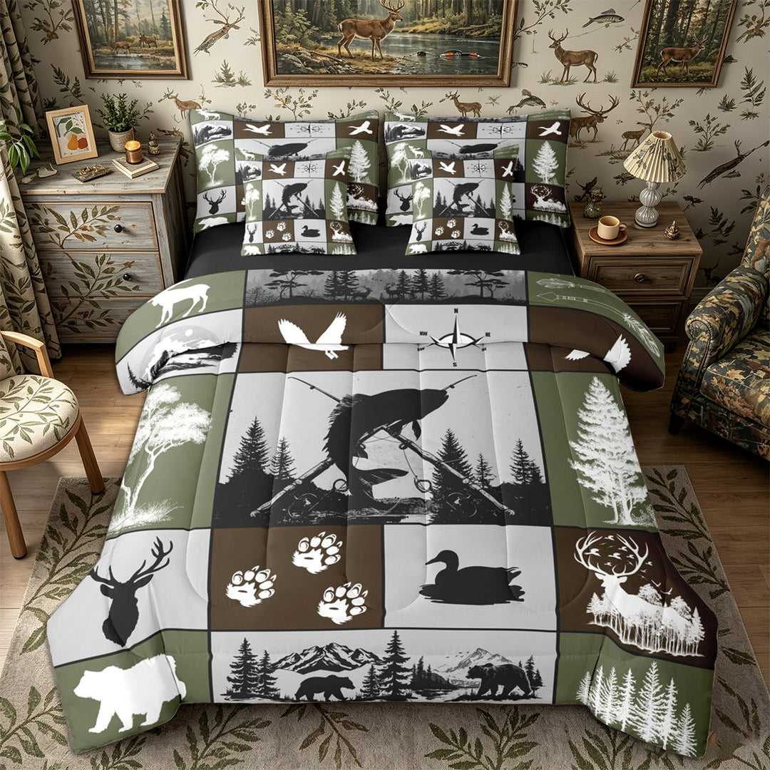 Meiyoeat Wildlife Mallard Duck Big Bass Fish Deer Bear King Bedding 7pcs, Rustic Fishing and Hunting King Bed in a Bag, Brown Green Black,Black Reversible