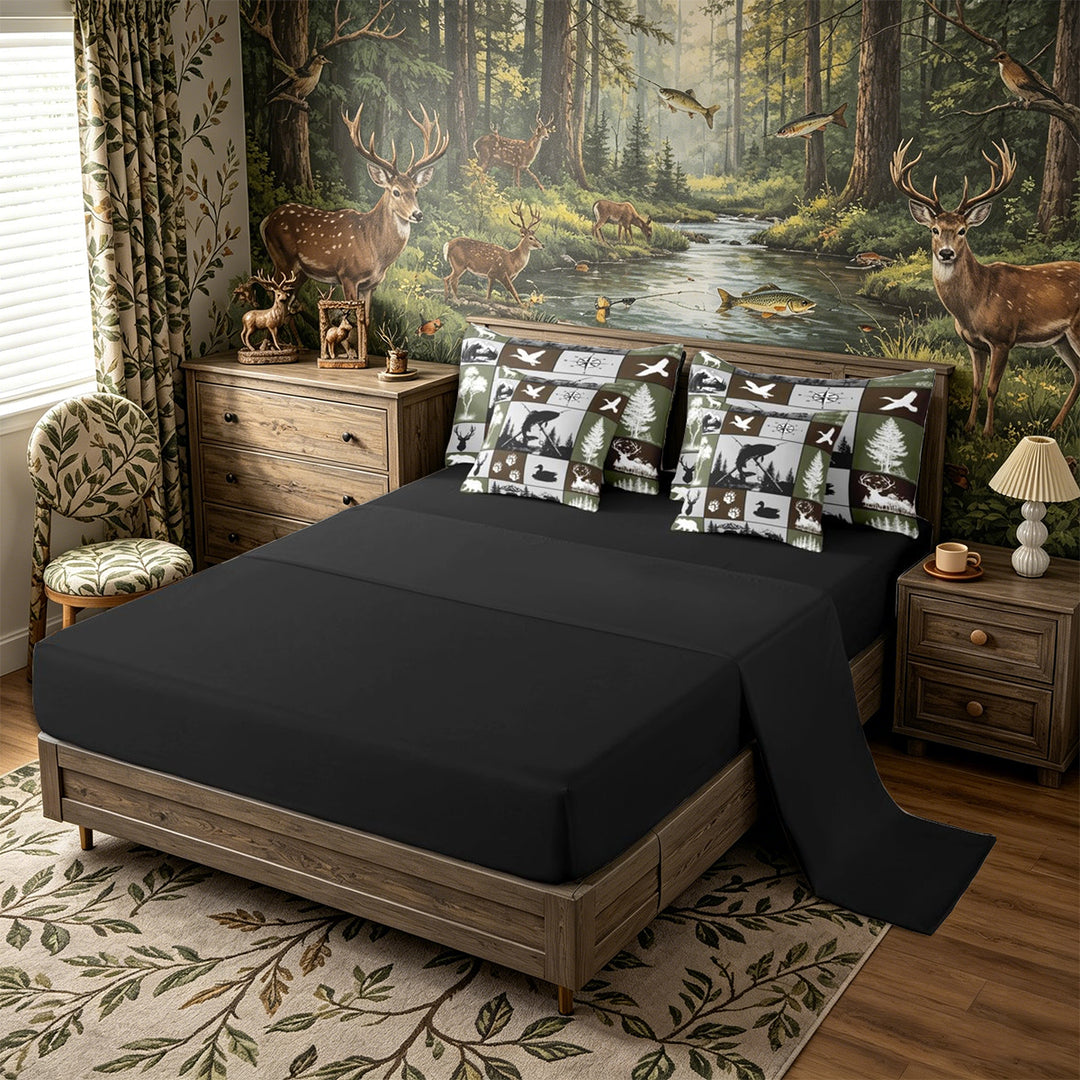 Meiyoeat Wildlife Mallard Duck Big Bass Fish Deer Bear King Bedding 7pcs, Rustic Fishing and Hunting King Bed in a Bag, Brown Green Black,Black Reversible