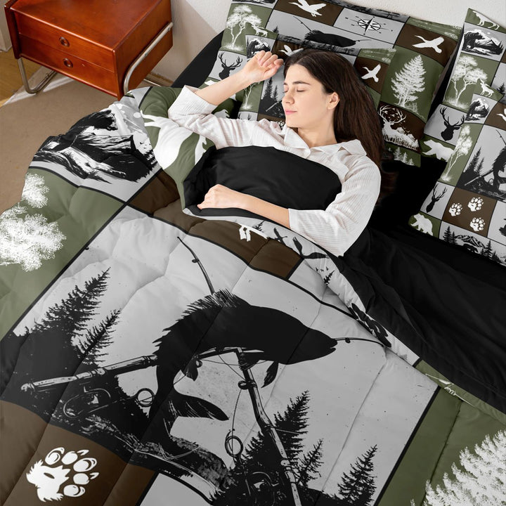 Meiyoeat Wildlife Mallard Duck Big Bass Fish Deer Bear King Bedding 7pcs, Rustic Fishing and Hunting King Bed in a Bag, Brown Green Black,Black Reversible