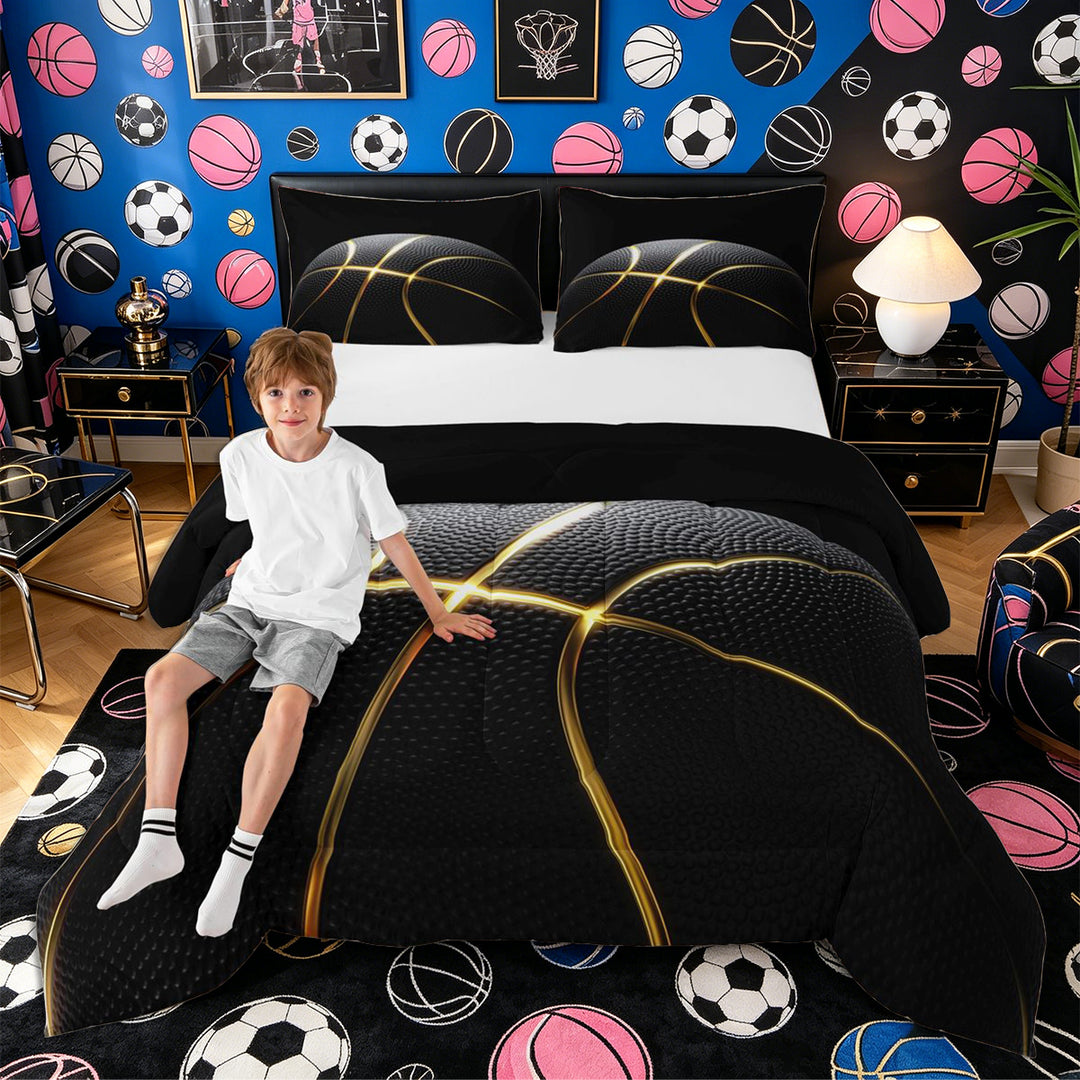 Meiyoeat Black Gold Basketball Print Full Size Comforter Sets 3-Piece, Sport Ball Pattern Bedding Comforter Set,Black Reversible