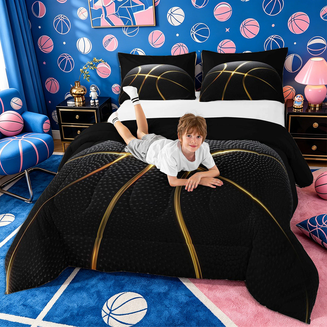 Meiyoeat Black Gold Basketball Print Full Size Comforter Sets 3-Piece, Sport Ball Pattern Bedding Comforter Set,Black Reversible