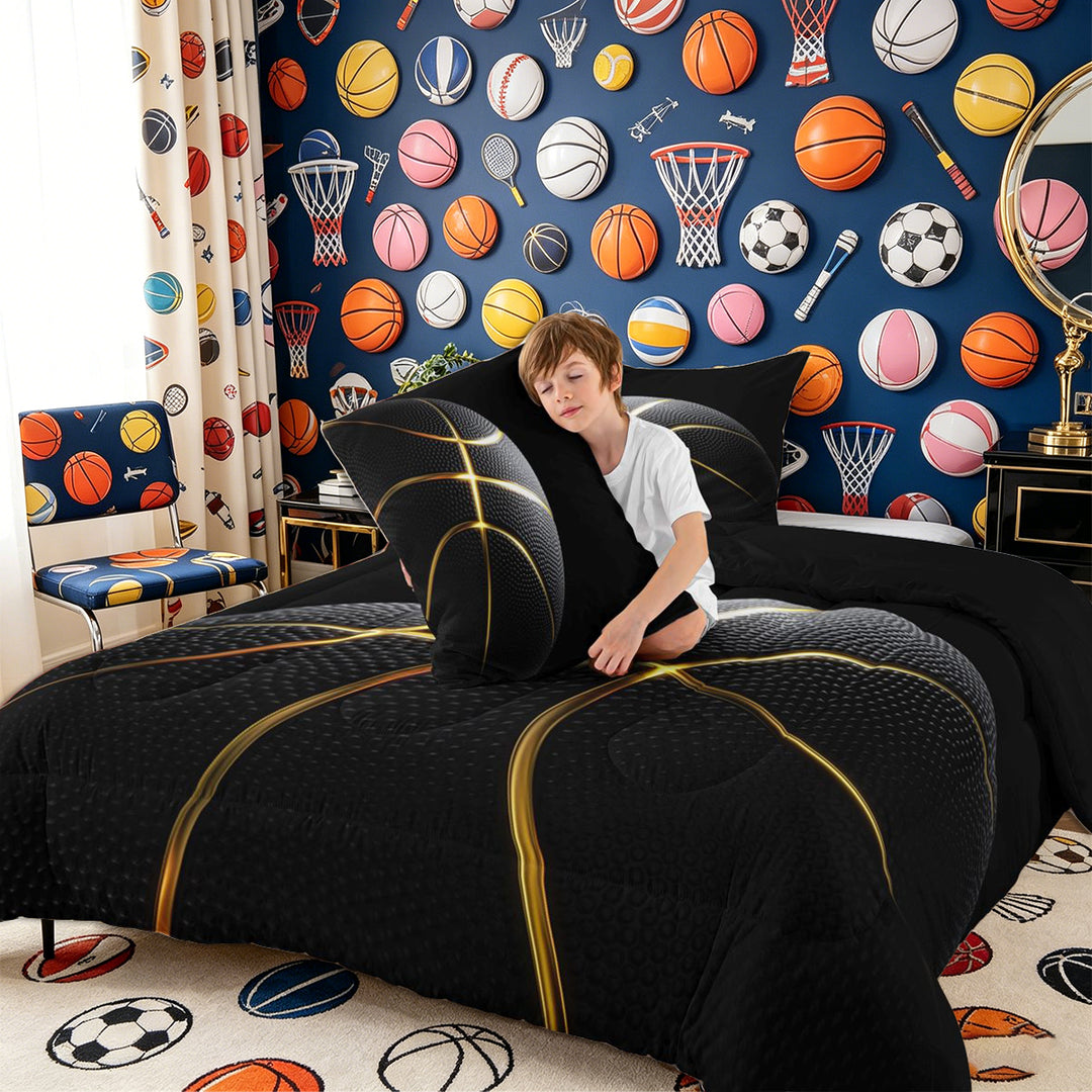 Meiyoeat Black Gold Basketball Print Full Size Comforter Sets 3-Piece, Sport Ball Pattern Bedding Comforter Set,Black Reversible
