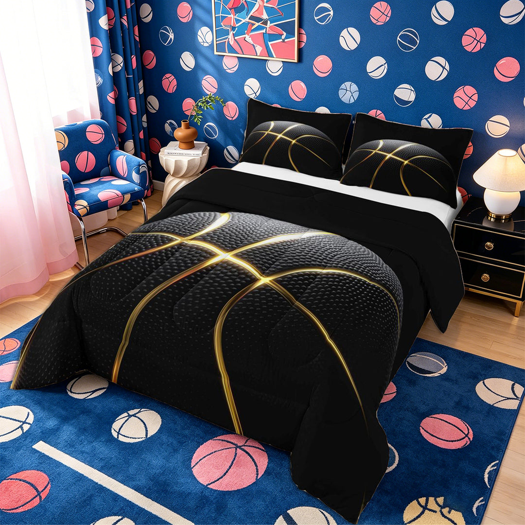 Meiyoeat Black Gold Basketball Print Full Size Comforter Sets 3-Piece, Sport Ball Pattern Bedding Comforter Set,Black Reversible