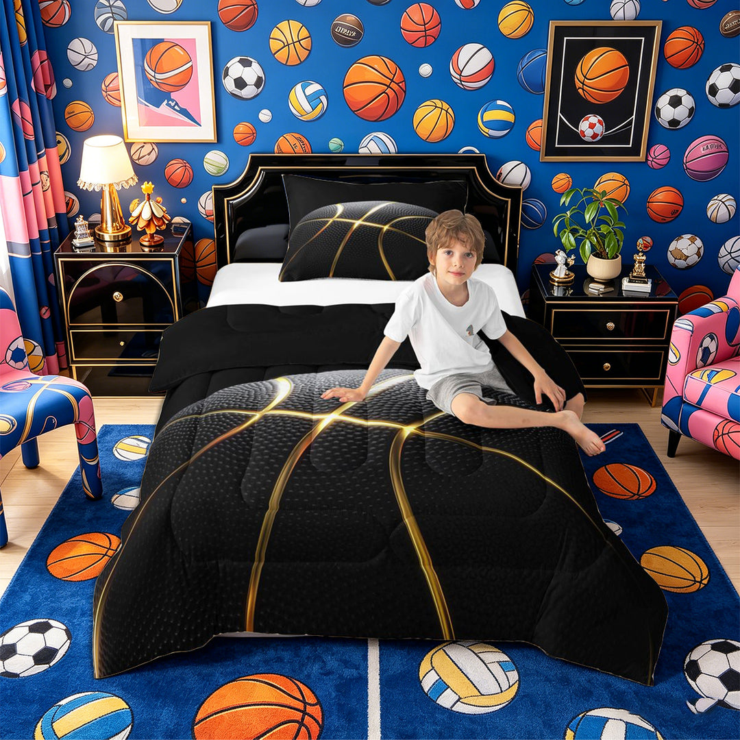 Meiyoeat Black Gold Basketball Print Full Size Comforter Sets 3-Piece, Sport Ball Pattern Bedding Comforter Set,Black Reversible