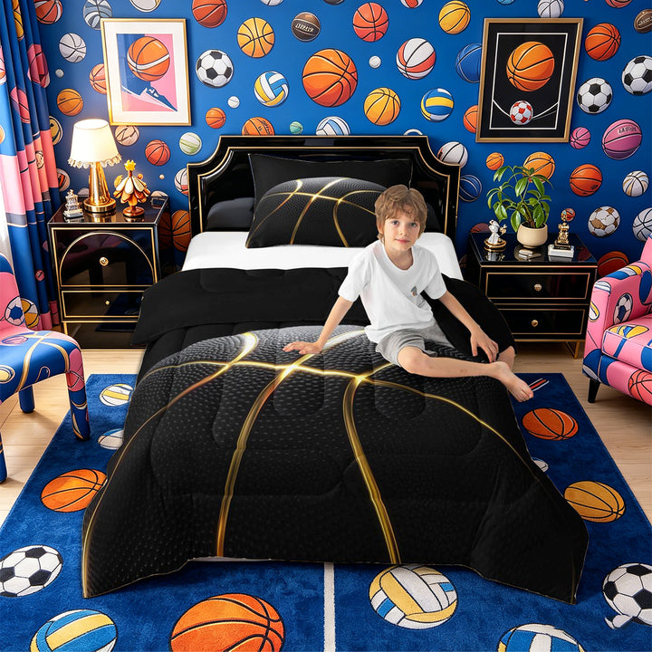 Meiyoeat Black Gold Basketball Print Full Size Comforter Sets 3-Piece, Sport Ball Pattern Bedding Comforter Set,Black Reversible
