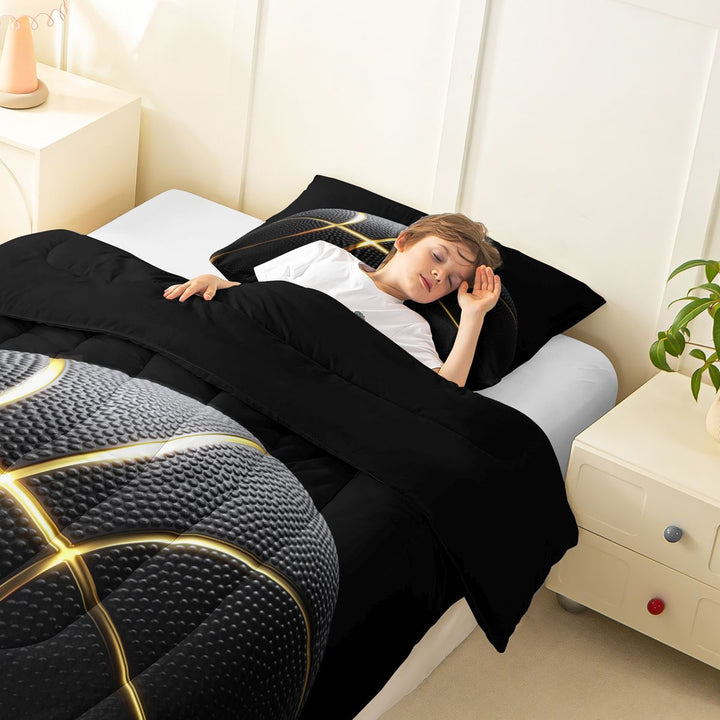 Meiyoeat Black Gold Basketball Print Full Size Comforter Sets 3-Piece, Sport Ball Pattern Bedding Comforter Set,Black Reversible