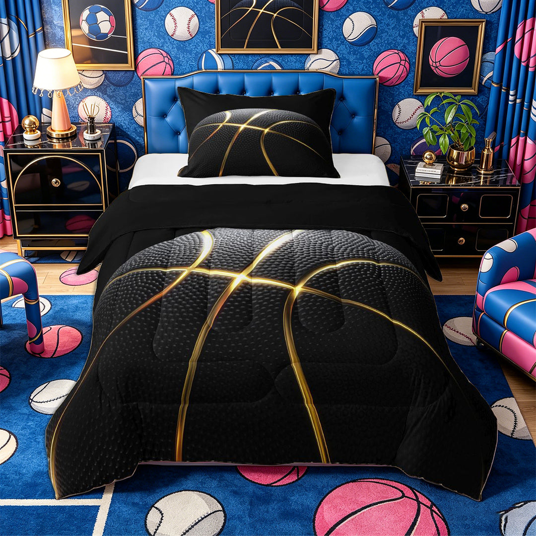 Meiyoeat Black Gold Basketball Print Full Size Comforter Sets 3-Piece, Sport Ball Pattern Bedding Comforter Set,Black Reversible
