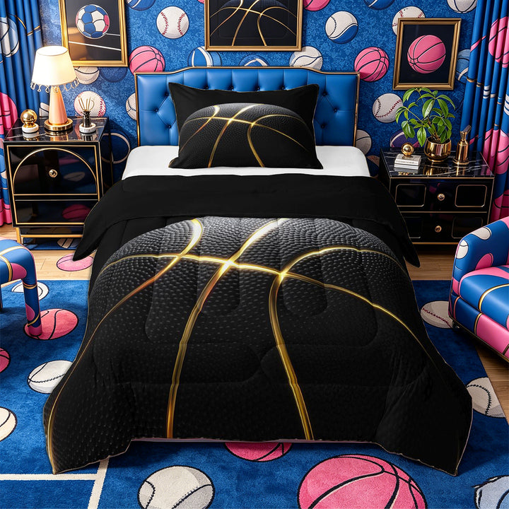 Meiyoeat Black Gold Basketball Print Full Size Comforter Sets 3-Piece, Sport Ball Pattern Bedding Comforter Set,Black Reversible