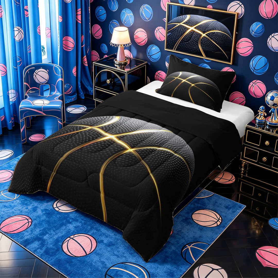Meiyoeat Black Gold Basketball Print Full Size Comforter Sets 3-Piece, Sport Ball Pattern Bedding Comforter Set,Black Reversible
