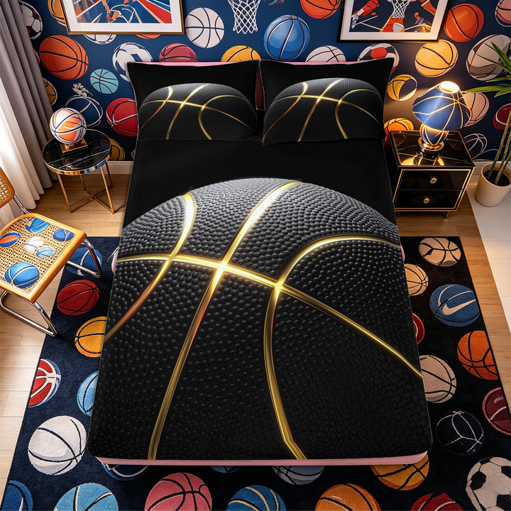 Meiyoeat Black Gold Basketball Print Bed Sheets 4-Piece, Sport Ball Pattern Full Size Sheets