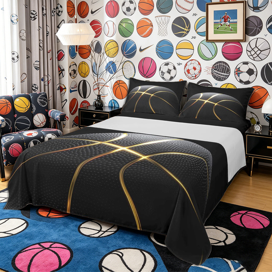Meiyoeat Black Gold Basketball Print Bed Sheets 4-Piece, Sport Ball Pattern Full Size Sheets
