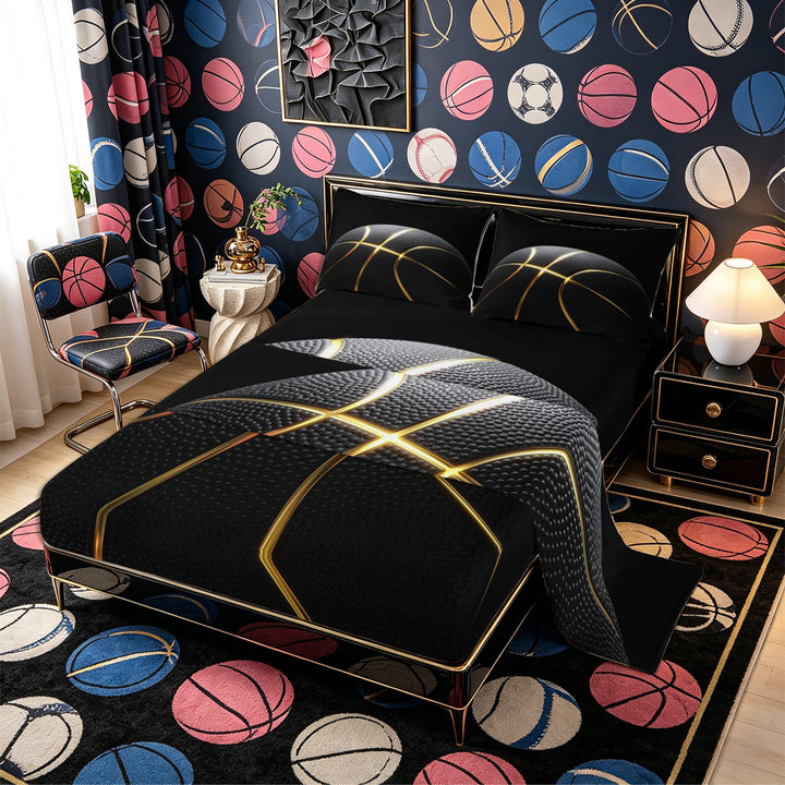Meiyoeat Black Gold Basketball Print Bed Sheets 4-Piece, Sport Ball Pattern Full Size Sheets