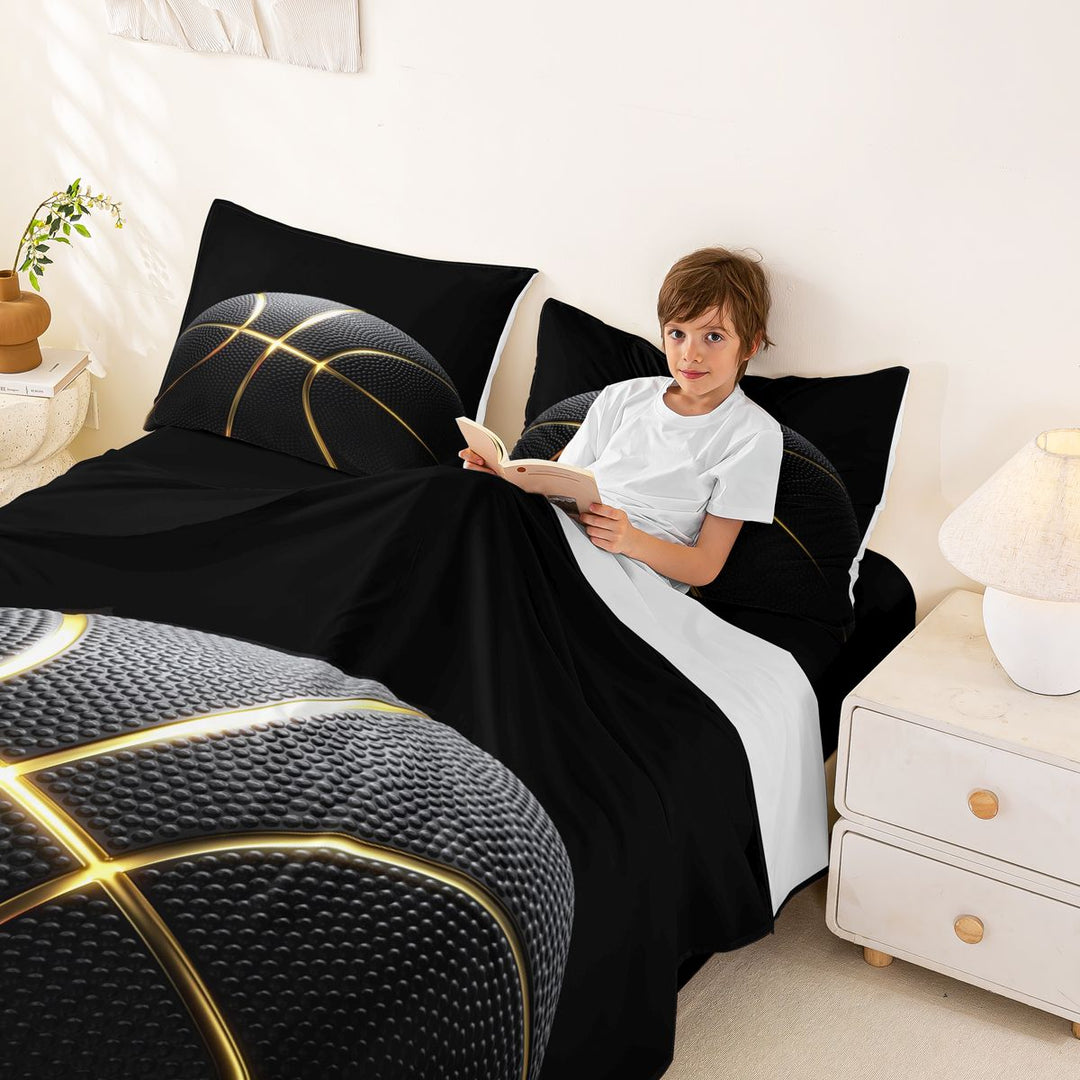Meiyoeat Black Gold Basketball Print Bed Sheets 4-Piece, Sport Ball Pattern Full Size Sheets