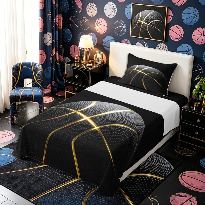 Meiyoeat Black Gold Basketball Print Bed Sheets 4-Piece, Sport Ball Pattern Full Size Sheets