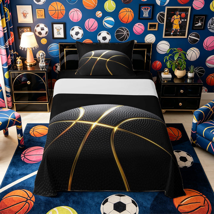 Meiyoeat Black Gold Basketball Print Bed Sheets 4-Piece, Sport Ball Pattern Full Size Sheets