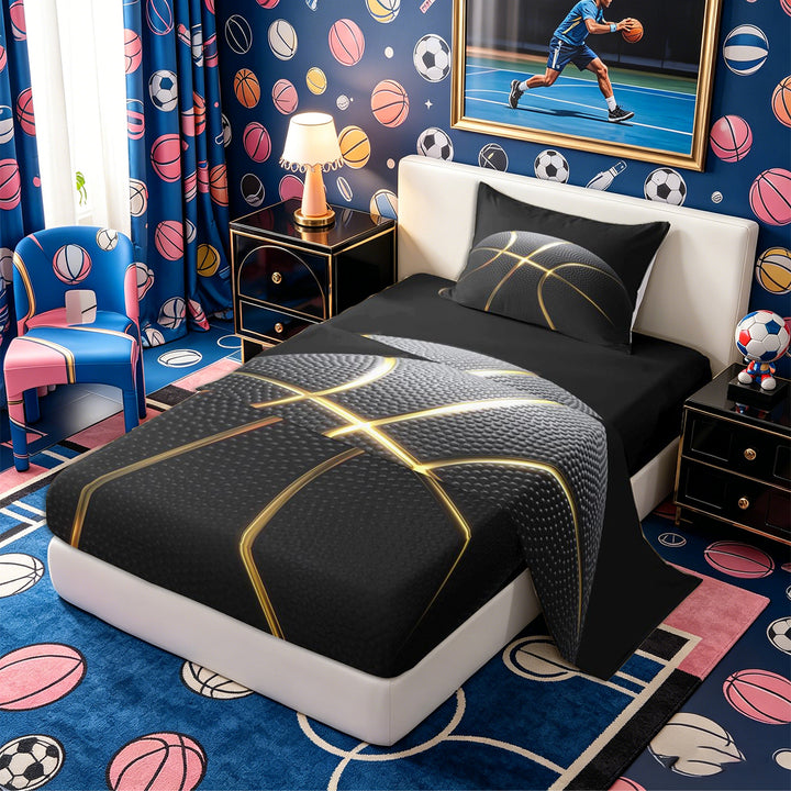 Meiyoeat Black Gold Basketball Print Bed Sheets 4-Piece, Sport Ball Pattern Full Size Sheets