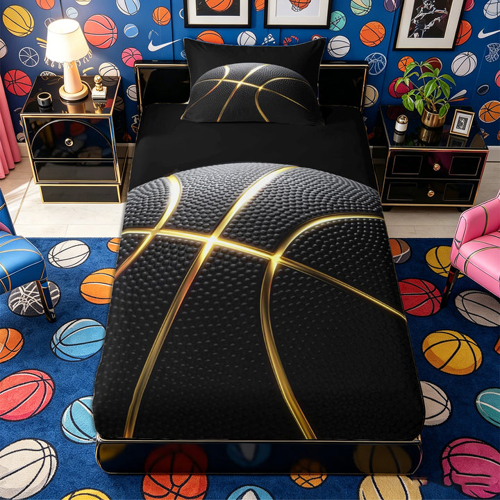 Meiyoeat Black Gold Basketball Print Bed Sheets 4-Piece, Sport Ball Pattern Full Size Sheets