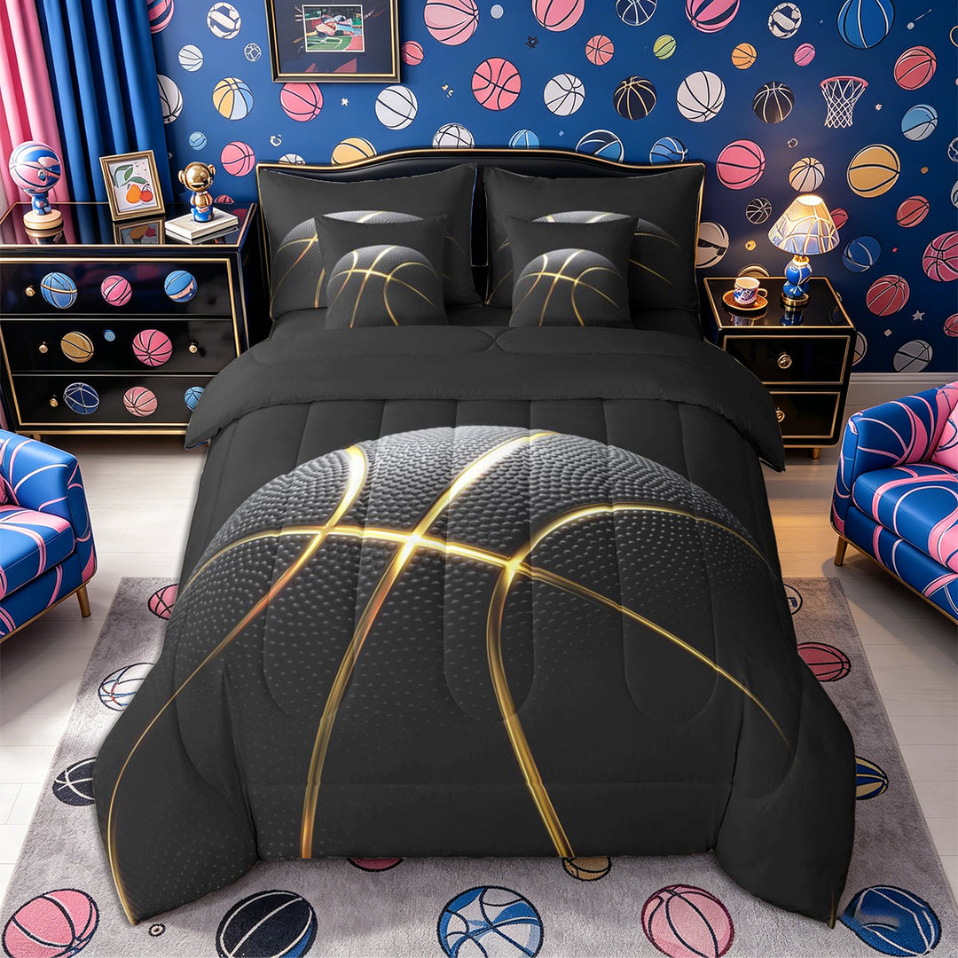 Meiyoeat Black Gold Basketball Print Full Size Bedding Sets 7 Pieces, Sport Ball Pattern Full Size Bed in a Bag,Black Reversible