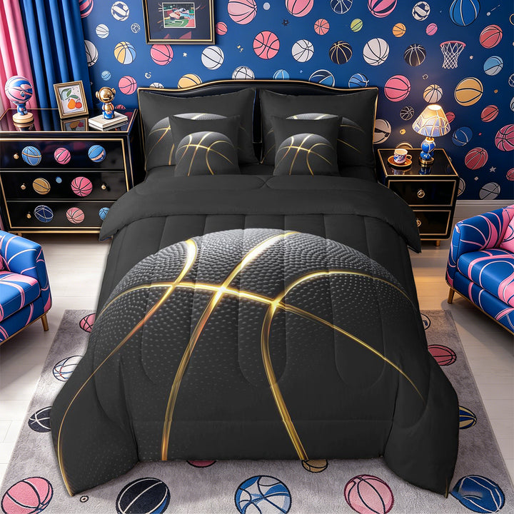 Meiyoeat Black Gold Basketball Print Full Size Bedding Sets 7 Pieces, Sport Ball Pattern Full Size Bed in a Bag,Black Reversible